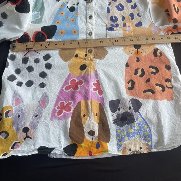 Dog Print Shirt Womens Small Colorful Button Down Oversized Long Sleeve Cute Art - Picture 4 of 7